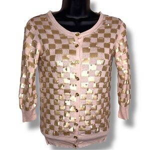 XS French Connection Silk Linen Blend Gold Sequined Cardigan Sweater 3/4 Sleeve